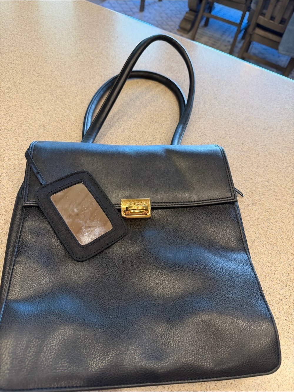 Black Leather Top-Handle Shoulder Bag w/ Gold Tone Lock & lots of organization